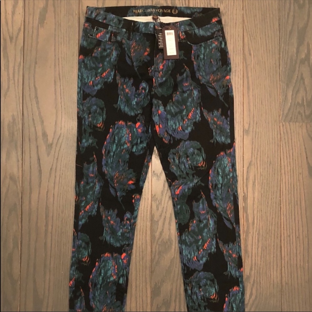 Marchesa Voyage Peacock Feather Print Jeans